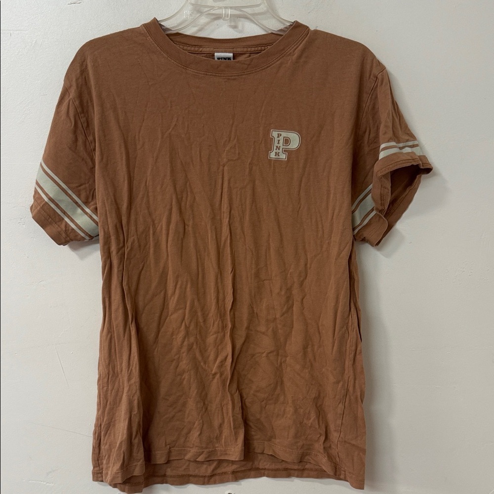 PINK Victoria's Secret Brown Tee with Striped Sleeves